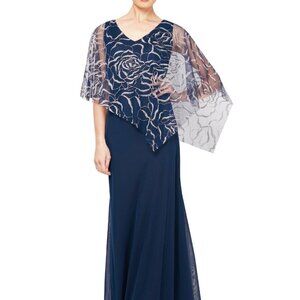 Sl Fashions Popover V Neck Glitter Floral with Asymetric Cape - Navy